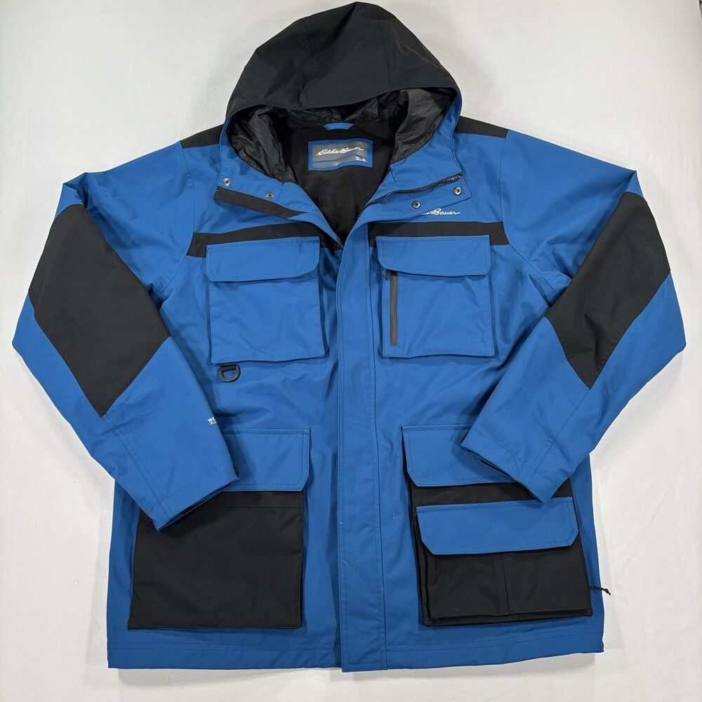 Eddie Bauer Mens Coat XL Blue WeatherEdge Plus Hooded Water Resistant 8 Pockets